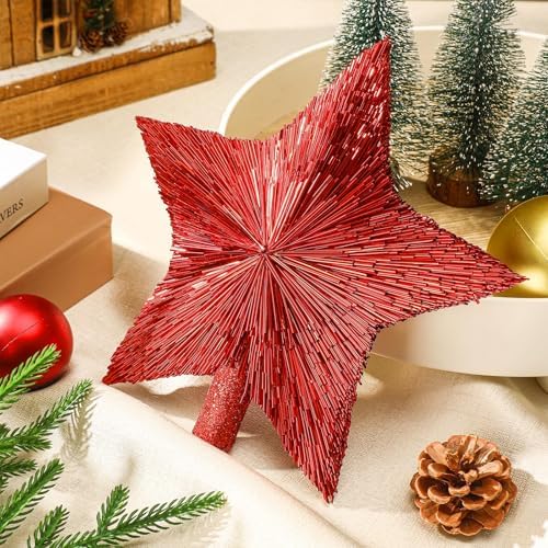 Threehoney 8.3 Inch Christmas Star Tree Topper Glitter Decor,Red