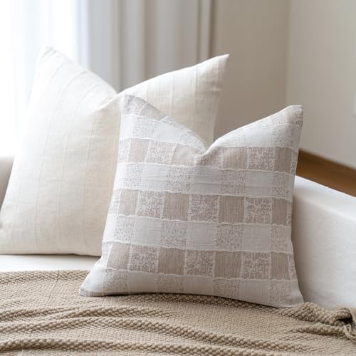 Decorative Neutral Throw Pillow Covers Farmhouse Pillow Covers Cotton Check / Taupe Check / 18 x 18