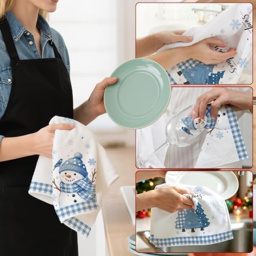 Hexagram Christmas Kitchen Towels, Blue Plaid Snowman Christmas Hand Towels