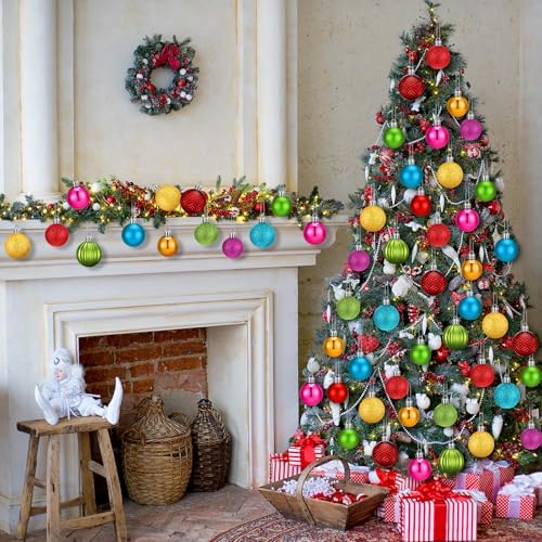 Lunmon 64 Pcs Neon Christmas Ball Ornaments Shiny Bright Multicolor Baubles