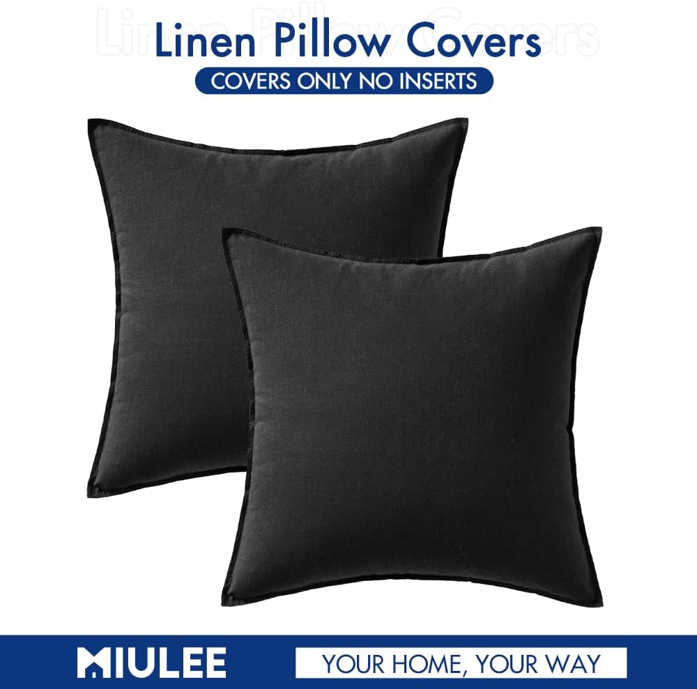 Decorative Linen Pillow Covers Boho Farmhouse Modern Soft Accent Throw / 18 x 18 / Black / Set of 2
