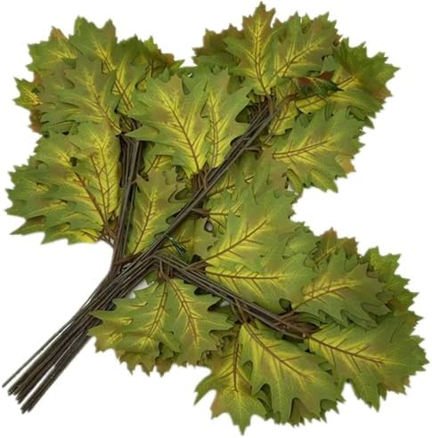 12pcs Artificial Oak Tree Branch Faux Eiche Leaf Stem Three Forks per piece for Greenery Wall Floral Decoration (Yellow Green)