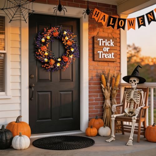 20" Halloween Wreaths for Front Door with Jack-o'-Lanterns and Candy