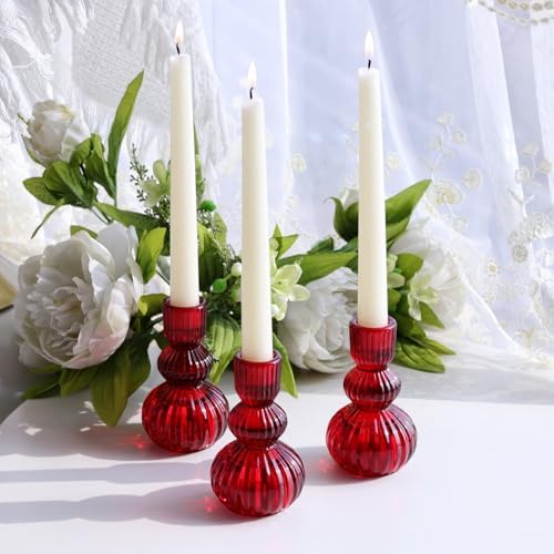 Woho 3pcs Red Taper Candle Holders Glass, Candlestick Holders for Christmas