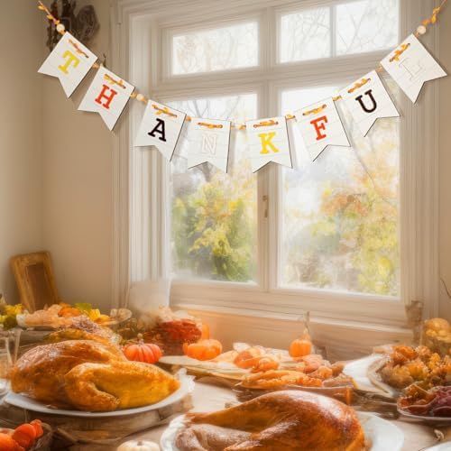 Marsui 5 ft Thanksgiving Banner Wooden Mantel Decor Thankful Banner Fireplace Garland Thanksgiving Rustic Farmhouse Decor for Harvest Party Home Indoor Fireplace Wall Celebration Shelf Display