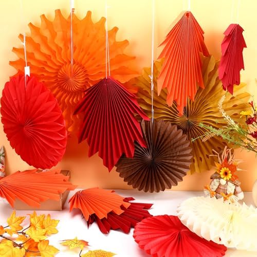 NOVWANG 12Pcs Fall Paper Fan Decorations 6 Maple Leaves and Round Hanging Paper Fans Classroom Office Decoration for Thanksgiving Autumn Harvest Rustic Party Birthday Wedding Decor