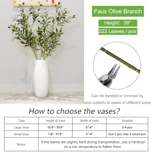 222 Leaves for Vase Faux Olive Branches Home / 39 Inch / Set of 2