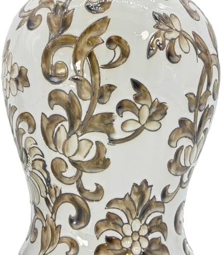 Galt International 14" Brown & White Floral Ceramic Porcelain Ginger Jar Floral Home Décor Jar Urn Shape Vase