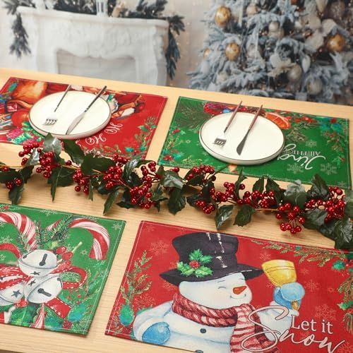 Hushee 6 Pcs Christmas Placemats Retro Santa Snowman 12x18 Inch