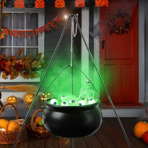 Halloween Decorations Outdoor, Large Witch Cauldron, with Large Tripod/Green Lights/Cotton/40CM Skull/Green Glowing Eyes, Witch Cauldron Magic Candy Bucket Decoration, for Porch Outdoor Party