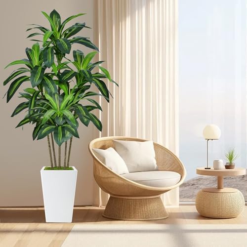 Flydeer 6FT Artificial Dracaena Tree with Tall White Planter, Floor Plant