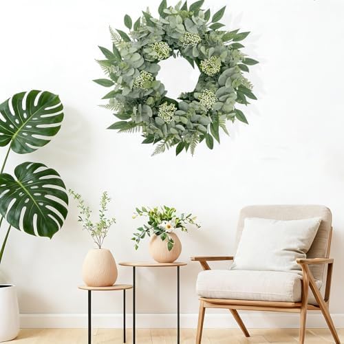 24" Faux Eucalyptus Fern Wreath for Front Door, Year-Round Farmhouse