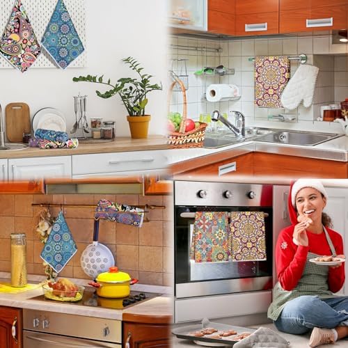Redbaker 6 Pcs Boho Kitchen Towels, Mandala Absorbent Dish Towels