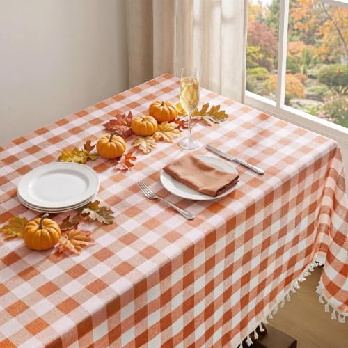 Softalker Fall Gingham Rectangle Tablecloth with Tassel, Orange, 55" x 84"