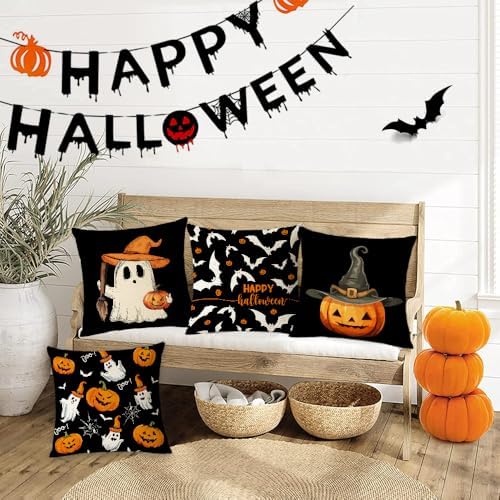 YeeJu Set of 4 Halloween Pillow Covers 18x18 Inch Cute Ghost Pumpkin Decor Throw Pillow Covers Black Plaid Happy Halloween Cushion Covers Linen Pillow Cases for Home Outdoor Sofa Couch (18 by 18)