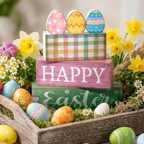 Lineshading 4 Pcs Easter Wooden Block Signs, Farmhouse Tiered Tray Decor