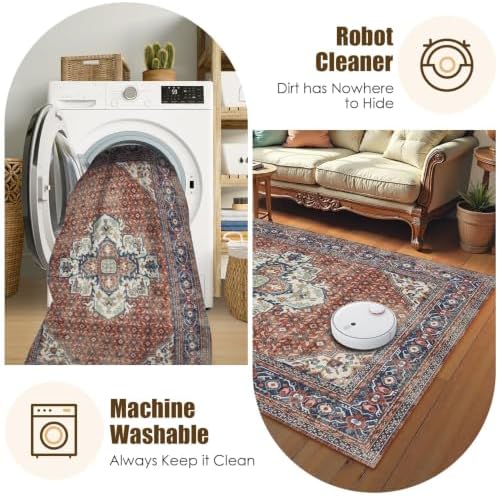 Washable Area Rug 3' x 5 ' Vintage Traditional Persian Mat - Foldable Distressed Non-Slip Machine Washable Carpet for