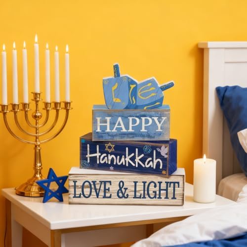 Lineshading 4 Pcs Wooden Hanukkah Decor Farmhouse Blocks with Dreidel