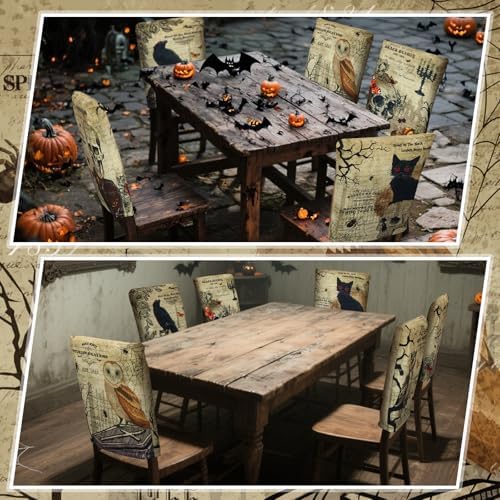Moukeren 6 Pcs Gothic Chair Cover Set Gothic Halloween Decor Stretch Dining Chair Back Covers Skeleton Black Cat Bat Owl Seat Covers Horror Home Farmhouse Dining Seat Protector for Kitchen Decor