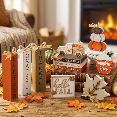 11 Pcs Fall Table Decorations Autumn Pumpkin Wooden Decorative Set Featuring Blessings Gratitude and Appreciation Sign for Thanksgiving Various Occasions Family Dining Kitchens Offices