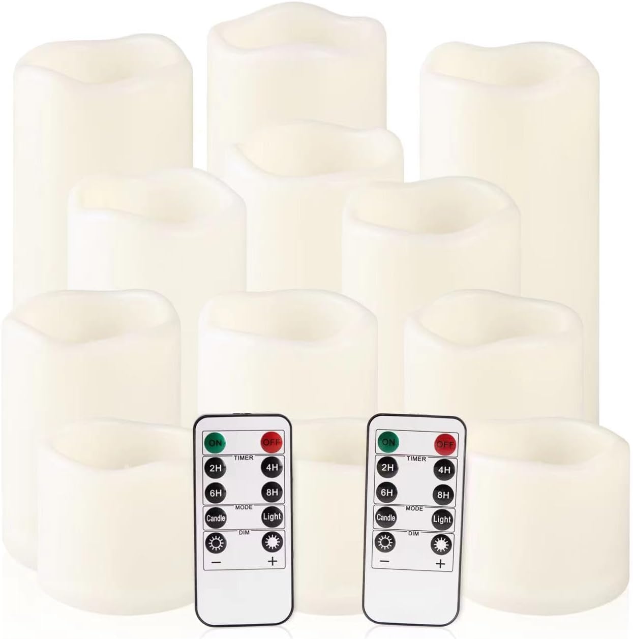 Flameless Battery Operated Outdoor Waterproof Set of 12(D: 3" x H: 3" 4" 5" 6") Pillar LED Candles with 10-Key Remote