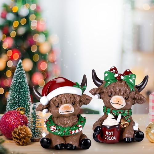 Karenhi 2 Pcs Highland Cow Figurines, Christmas Hot Cocoa Decor