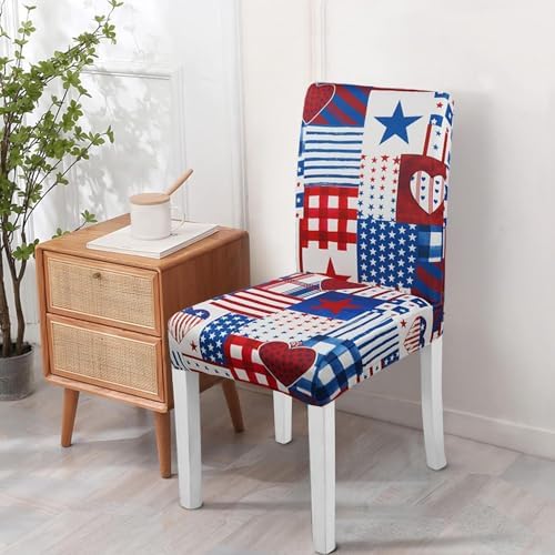 Dining Room Independence Day Chair Covers Set of 6,4th of July Plaid Stitching Dining Chair Cover,Elastic Removable and Washable Dining Chair Cover,Suitable for 4th of July Kitchen Dining Room Decor