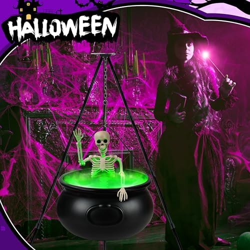 Halloween Decorations Outdoor, 12.6” Large Witches Cauldron Kettle on Tripod with Skeleton, LED Lights, Black Plastic Cauldron Candy Bowl Bucket Decoration for Yard Home Porch Outside Decor