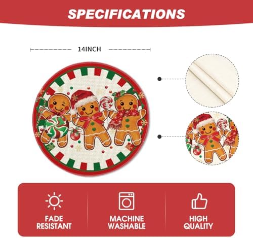 Artoid Mode Gingerbread Candy Cane Merry Christmas Round Placemats Set of 4, 14 Inch Winter Round Table Mats for Dining Decoration