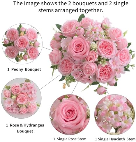 4 Pcs Mixed Artificial Peony Flowers Set-2 Bouquets & 2 Stems, Pink Fake Peony Rose Hydrangea Flowers for Vase Silk Floral Arrangements for Table Centerpiece Wedding Party Bridal Decoration Home Decor