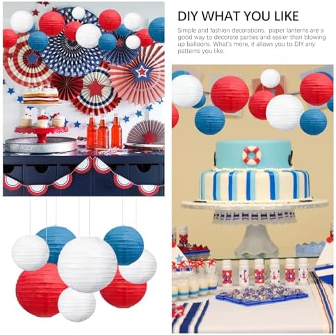 18Pcs Red Royal Blue White Paper Lanterns for Parties, 6” 8” 10” 12” Chinese Asian Hanging Round Paper Lanterns for 4 of July, Independence Day Home Decor Party Decor