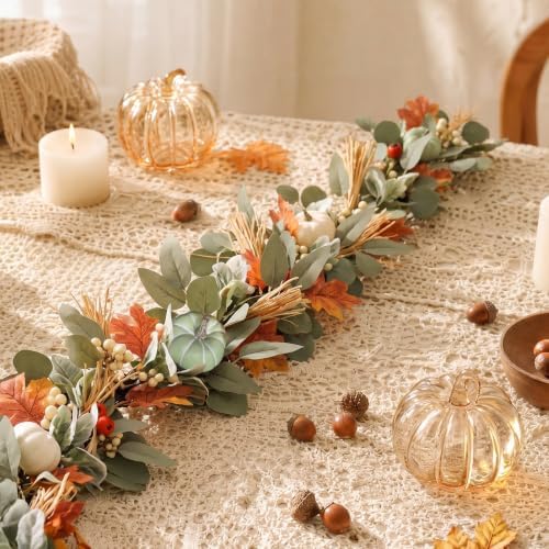 MUMTOP Lighted Fall Garland Eucalyptus Pumpkin, 6FT Thanksgiving Decor