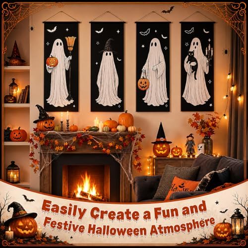 Mixweer 4 Pcs Halloween Ghost Banner Porch Garage Door Hanging Decorations