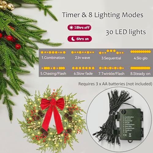 26" Norfolk Pine Wreath, Large Greenery Wreath for Front Door, Green Year Round Real Touch Artificial Greenery Wreath for Wall Porch Rustic Farmhouse Home Decor, with Lights, Red Bow, FF10