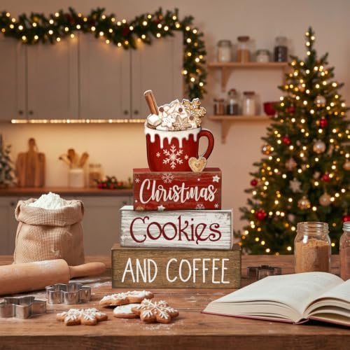 Lineshading 4 Pcs Christmas Coffee Table Decor, Hot Cocoa Wood Block Signs