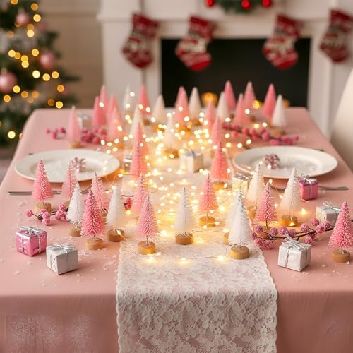 Sumind 48 Pcs 1.78 Inch Mini Bottle Brush Christmas Trees Pink White