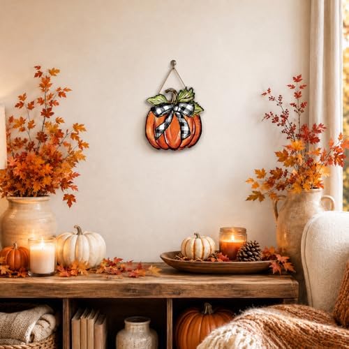 Smile Fall Thanksgiving Wooden Door Hanger Pumpkins Black White Plaid Bow