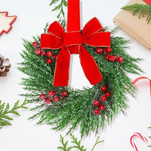 YoleShy 6 Pcs Small Christmas Wreath 12'' Mini Wreaths for Kitchen Cabinet Wreaths with Berry & Red Velvet Bow Ribbon Window Wreath Christmas Xmas Farmhouse Decoration for Front Door Chair Wall