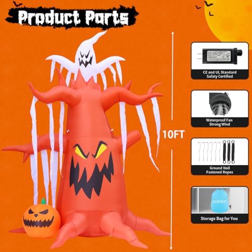 GOOSH 10 FT Halloween Inflatables Tree Outdoor Decorations Blow Up Yard Scary Dead Tree with Pumpkin and Ghost with Built-in LEDs for Garden Lawn Indoor Party Decor