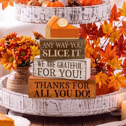 Moucuny 4 Pcs Fall Stacked Blocks Pumpkin Pie Farmhouse Thanksgiving Decor