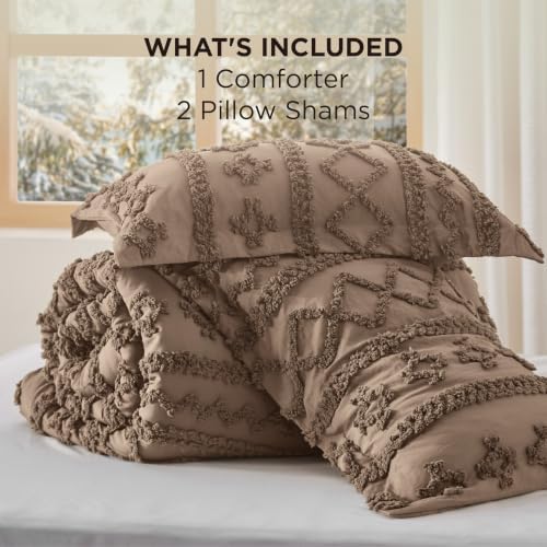 Bedsure Tufted Boho Comforter Set Queen Size - Coffee Brown Boho Bed Set, GentleSoft™ 3 Pieces Farmhouse-Style