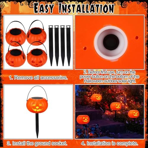 Rossesay 4 Pcs Halloween Pumpkin Pathway Markers Solar Light up Orange Jack O Lantern Stake LED Waterproof Plastic Pumpkin Light for Garden, Balcony, Yard, Lawn, Pathway, Walkway Halloween Decor