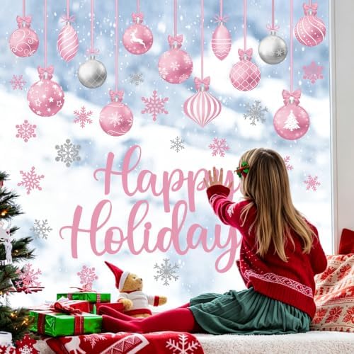Pink Merry Christmas Window Clings Decorations Xmas Ball Cling Set 6 Sheets