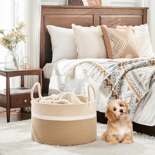 KAKAMAY Large Blanket Basket with Handles, Storage Basket for Living Room