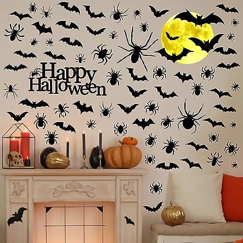 Qeeenar 76 Pcs Halloween Wall Decals Stickers Bats Wall Decor, 6 Sheets