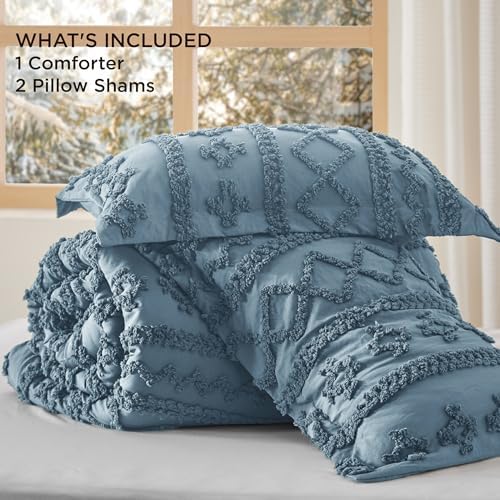 Bedsure Tufted Boho Comforter Set Queen Size - Dusty Blue Boho Bed Set, GentleSoft™ 3 Pieces Farmhouse-Style Embroidery