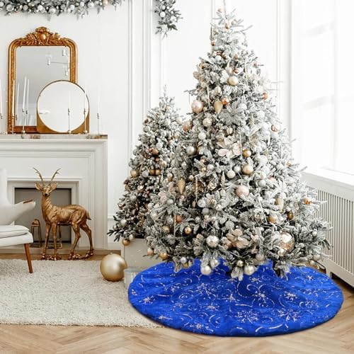 Christmas Tree Skirt Blue 36 inch Silver Christmas Tree Skirt Snowflakes Faux Fur for Xmas Holiday Home Party Decorations