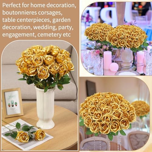 36 Pcs Gold Artificial Roses with Long Stems