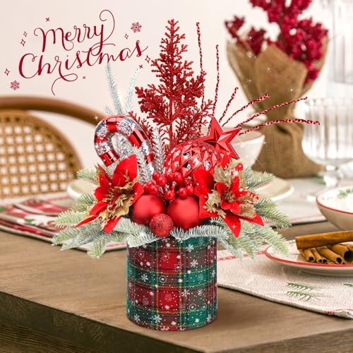 Small Christmas Tree Tabletop Artificial Mini Christmas Tree Decorations with Holiday Ornaments Red Berry Pine Cone Greenery for Home Indoor Fireplace Mantel Xmas Decor (Large-Round-Red)