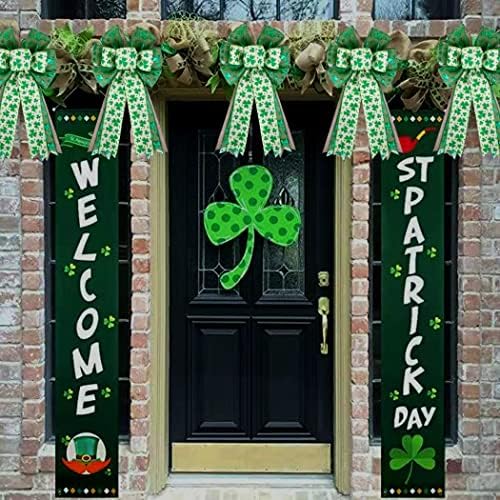 St Patricks Day Bow for Wreath Decorations,St Patricks Day Tree Topper Bows,Large Burlap White Green Glitter Shamrock Bowknot Irish Holiday Crafts Bows for Front Door Outdoor Outside